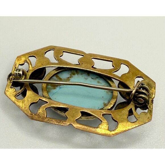 Turquoise brass brooch vintage source unknown - Picture 7 of 13